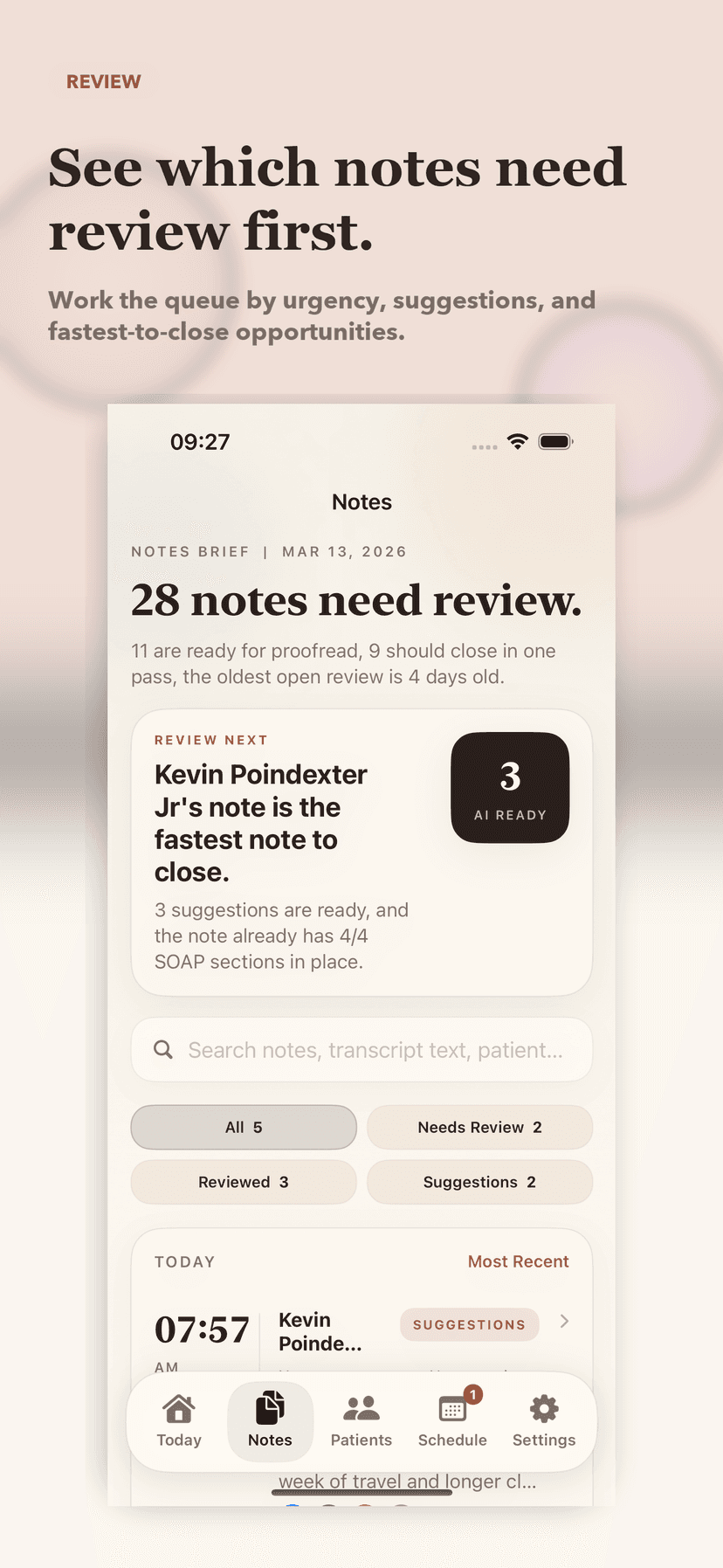 SOAP notes queue with review status