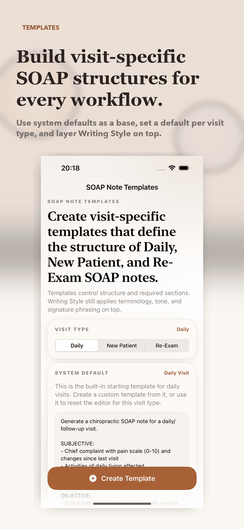 SOAP note templates for Daily, New Patient, and Re-Exam visits